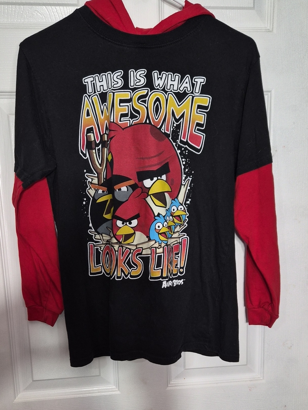 Angry Birds "This Is What Awesome Looks Like" Black & Red Hoodie Tee Size 18
